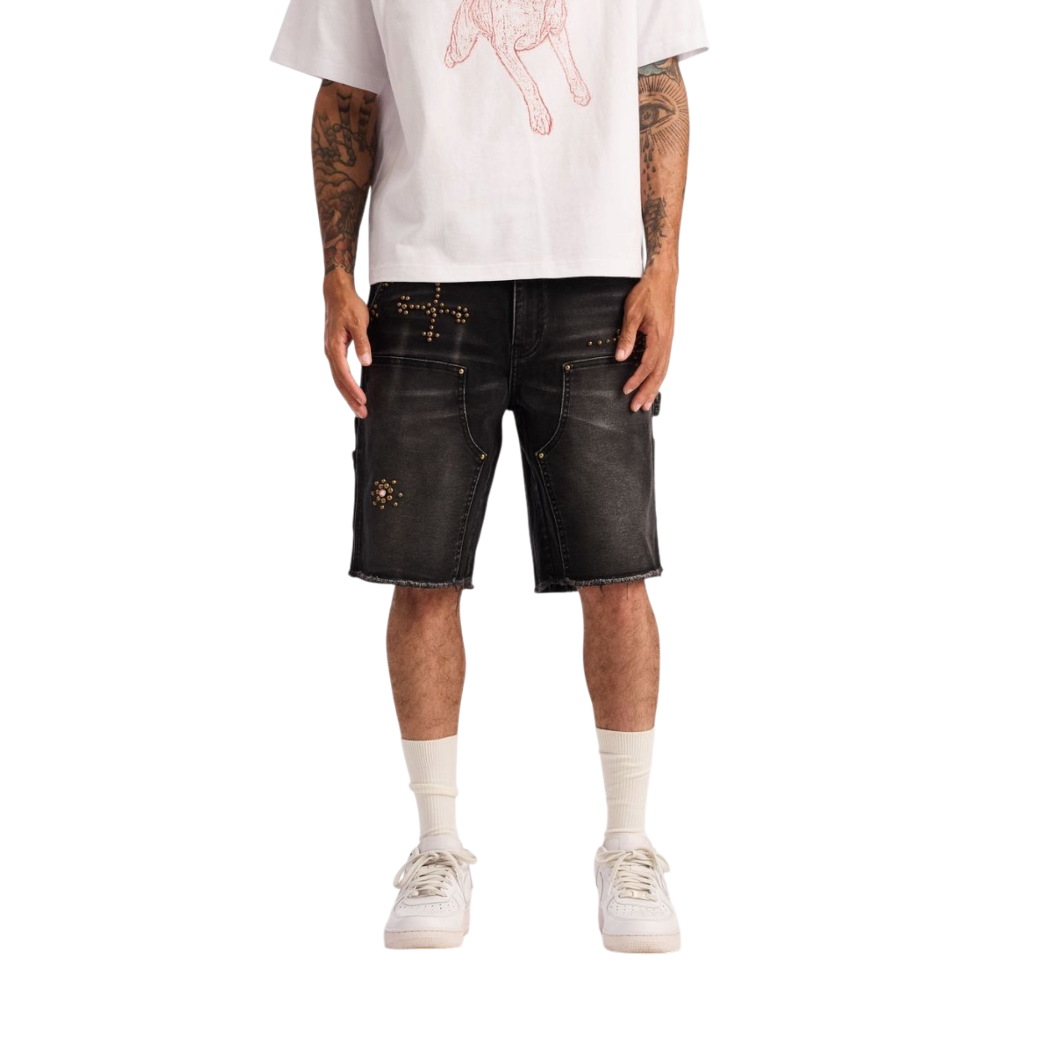 Embellish Shadow Denim Shorts (Washed Black)