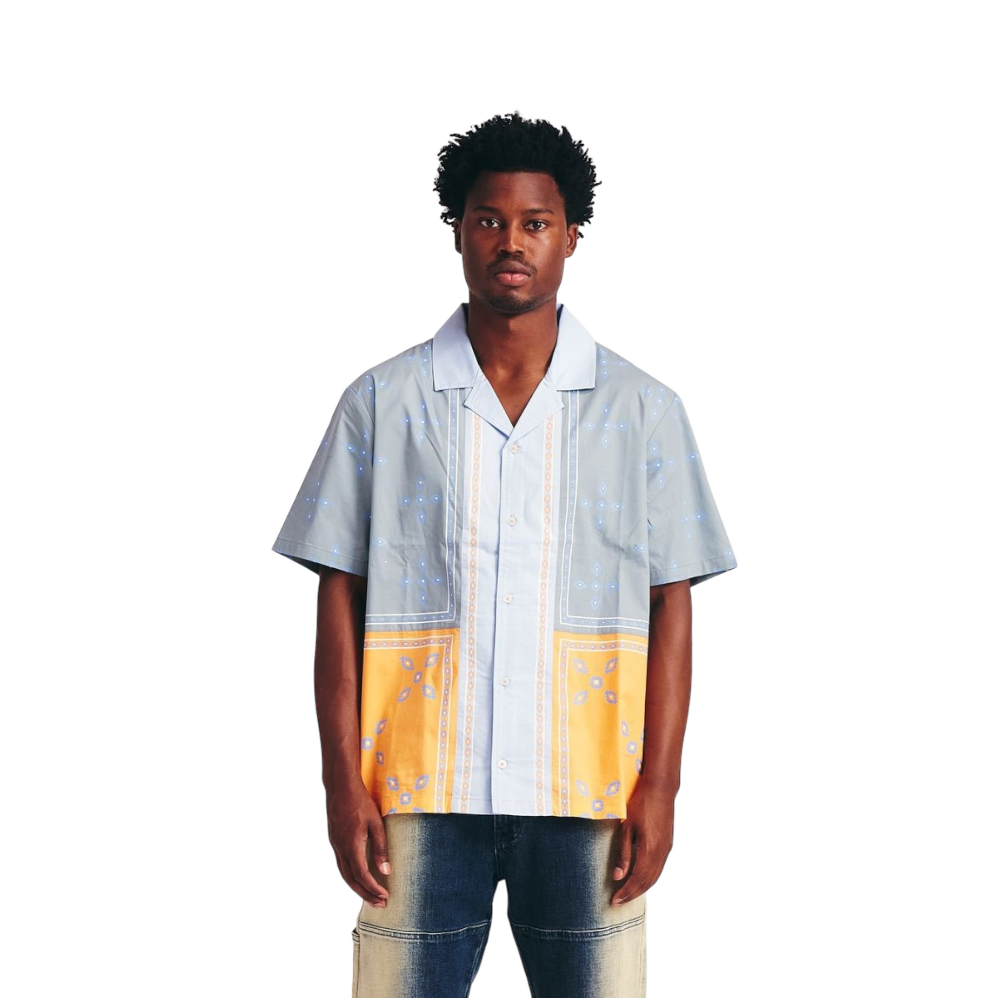 Memory Lane Patch Work Short Sleeve Shirt- Light Blue