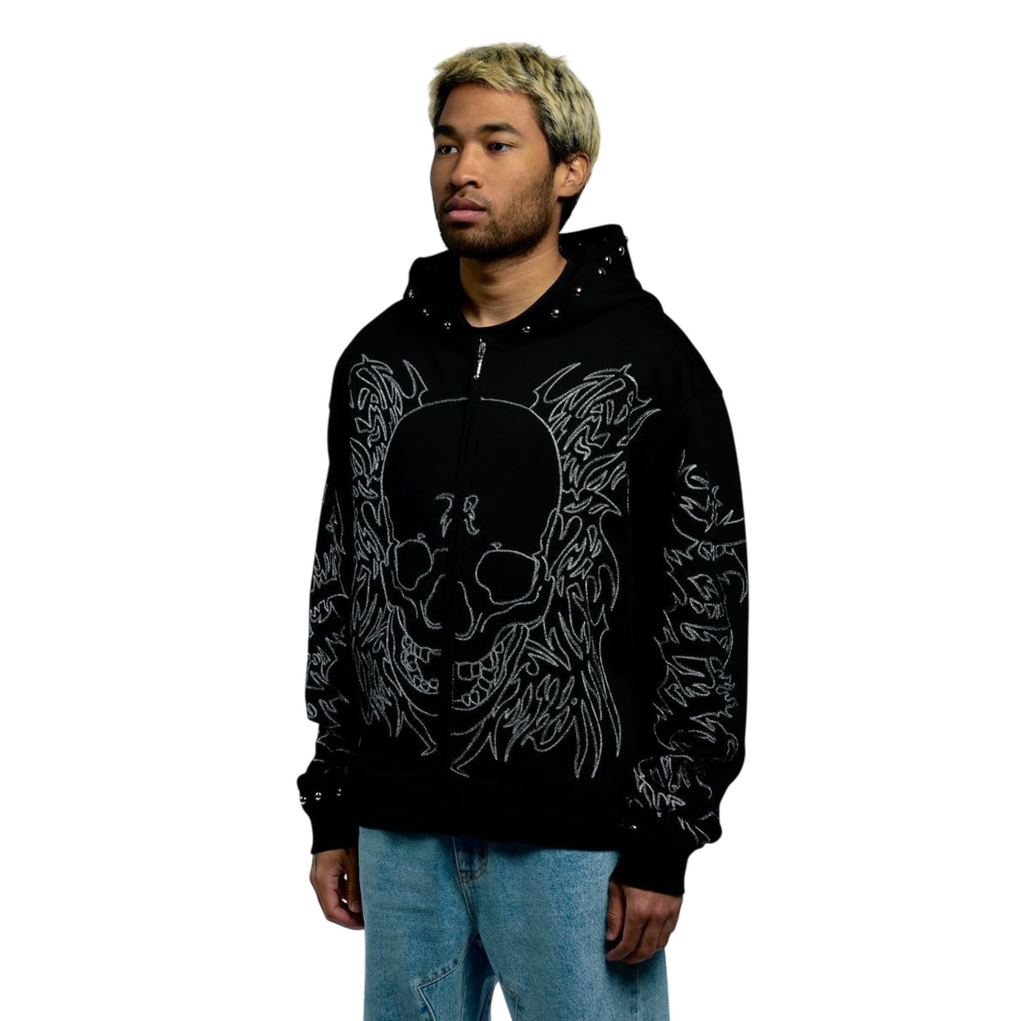 Revenge Tribal Skull Studded Zip Hoodie