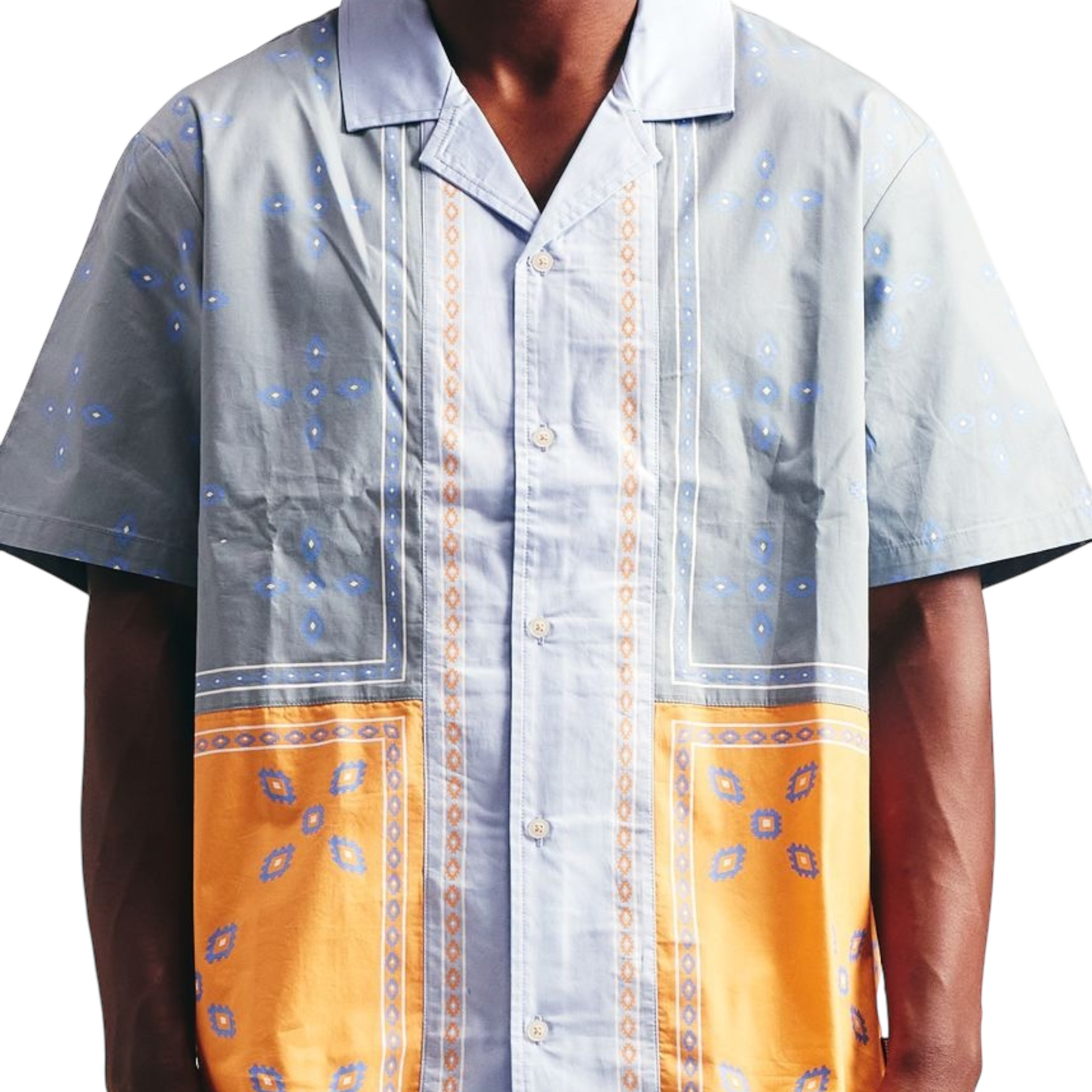 Memory Lane Patch Work Short Sleeve Shirt- Light Blue