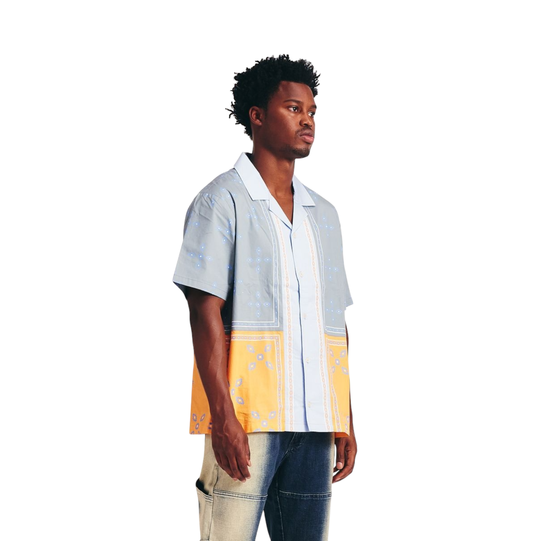 Patch Work Short Sleeve Shirt- Light Blue