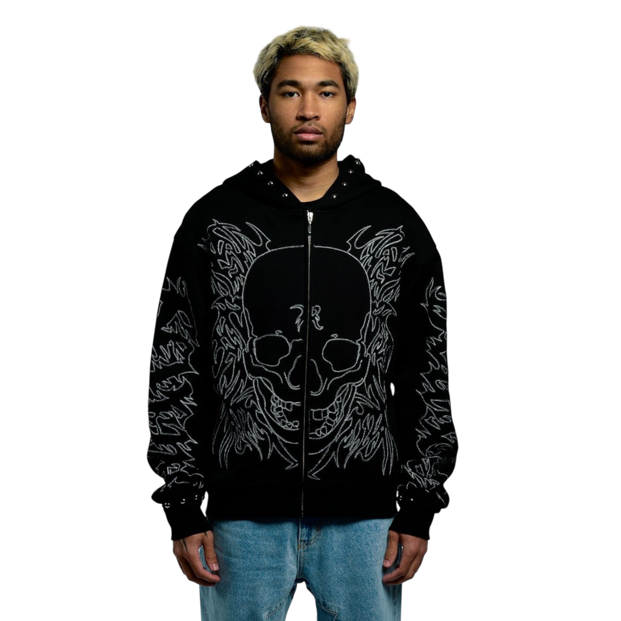 Revenge Tribal Skull Studded Zip Hoodie